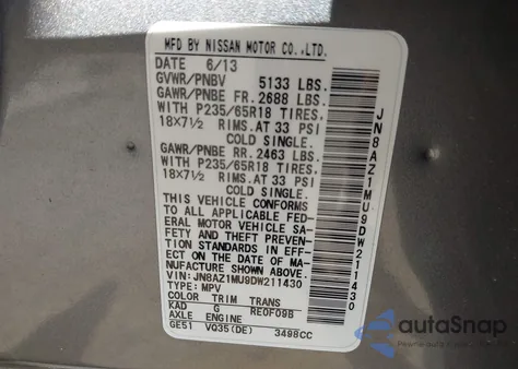 2013 Nissan Murano S from USA, damaged, VIN JN8AZ1MU9DW211430